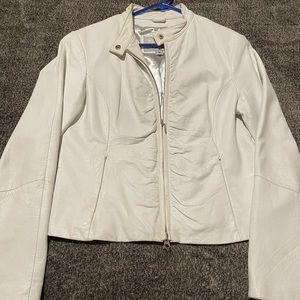 Womens fitted white leather bomber